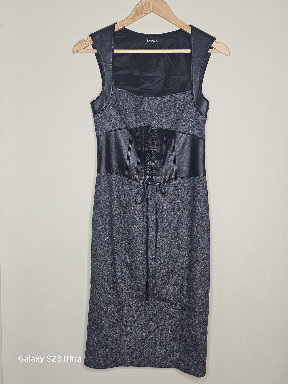 bebe Black & Gray Faux Leather Corset Midi Dress